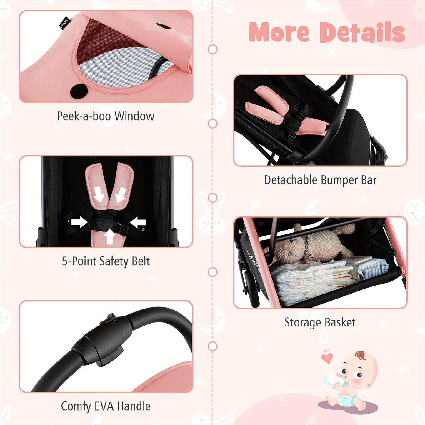 Gymax Portable Baby Stroller One-Hand Fold Pushchair W/ Aluminum Frame Pink As Halloween, Christmas Gift