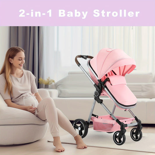 Baby Stroller Foldable Infant Newborn Stroller 2-in-1 Rear-Facing Pram Toddler Stroller With Reversible Seat Large Storage All-Scene Large Wheels