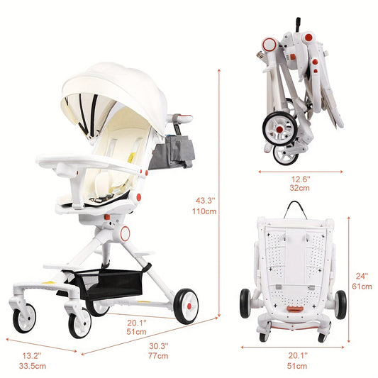 Compact Baby Stroller Lightweight Travel Stroller For Babies & Toddlers Swivel Seat With Multifunctional Handbag & Shade & Oversize Basket Foldable Stroller, As Halloween, Christmas Gift White