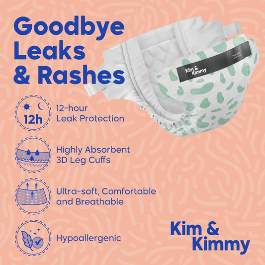 Kim & Kimmy Eco Diapers, Size 5, 12-17 kg, 44 Diapers - 12 Hour Leak Protection, No Rashes, Hypoallergenic, Ultra-Soft & Highly Absorbent - Cruelty Free & Vegan - Green Dalmatian
