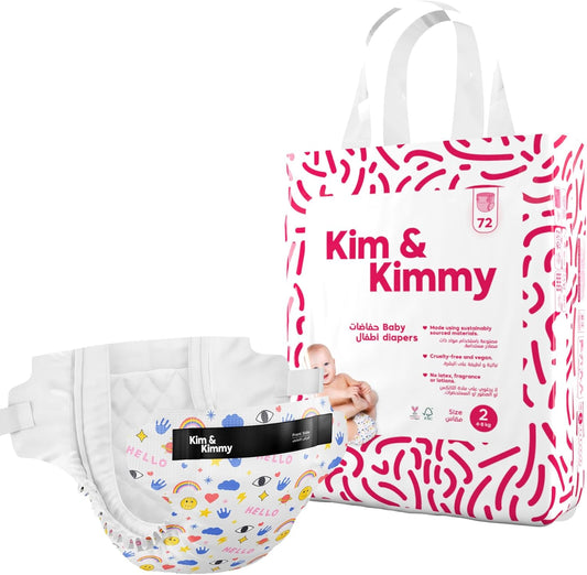 Kim & Kimmy Eco Diapers, Size 2, 4-8 kg, 72 Diapers - 12 Hour Leak Protection, No Rashes, Hypoallergenic, Ultra-Soft & Highly Absorbent - Cruelty Free & Vegan - Funny Icons