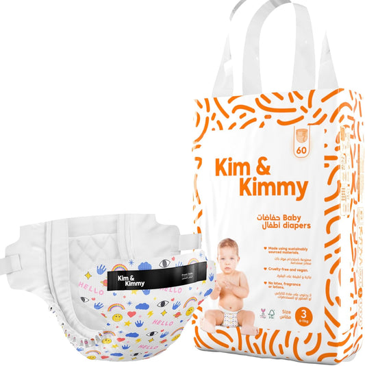 Kim & Kimmy Eco Diapers, Size 3, 6-11 kg, 60 Diapers - 12 Hour Leak Protection, No Rashes, Hypoallergenic, Ultra-Soft & Highly Absorbent - Cruelty Free & Vegan - Funny Icons