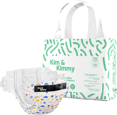 Kim & Kimmy Eco Diapers, New Born, Up to 5 kg, 32 Diapers - 12 Hour Leak Protection, No Rashes, Hypoallergenic - Cruelty Free & Vegan - Funny Icons