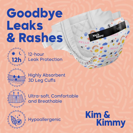 Kim & Kimmy Eco Diapers, New Born, Up to 5 kg, 32 Diapers - 12 Hour Leak Protection, No Rashes, Hypoallergenic - Cruelty Free & Vegan - Funny Icons