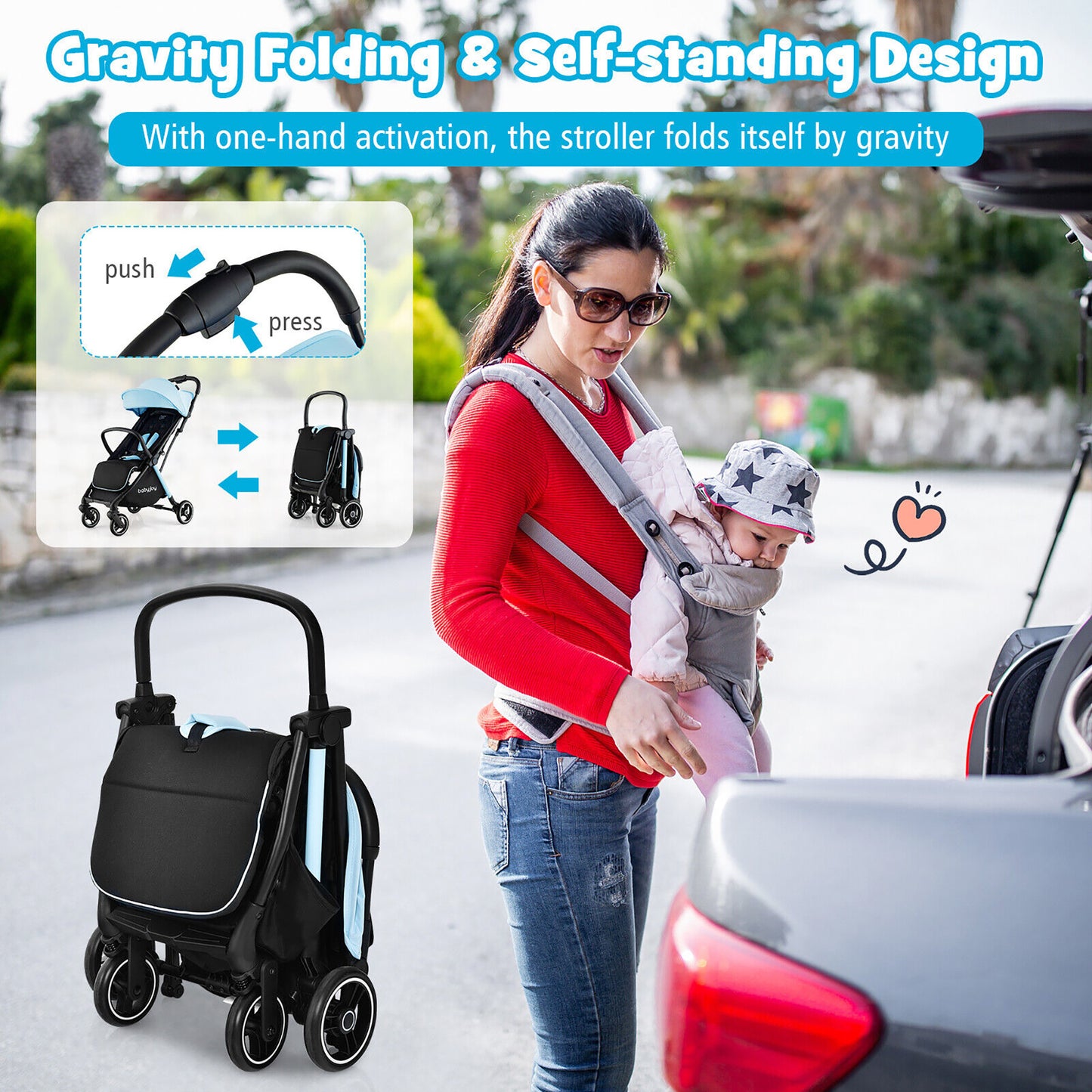 Gymax Portable Baby Stroller One-Hand Fold Pushchair W/ Aluminum Frame Blue