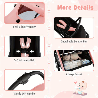 Gymax Portable Baby Stroller One-Hand Fold Pushchair W/ Aluminum Frame Pink As Halloween, Christmas Gift