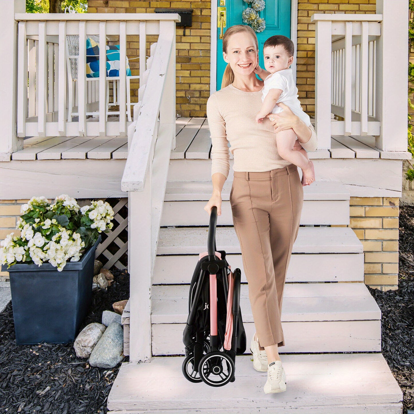 Gymax Portable Baby Stroller One-Hand Fold Pushchair W/ Aluminum Frame Pink As Halloween, Christmas Gift