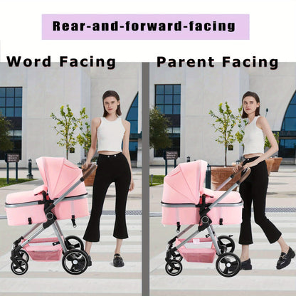 Baby Stroller Foldable Infant Newborn Stroller 2-in-1 Rear-Facing Pram Toddler Stroller With Reversible Seat Large Storage All-Scene Large Wheels