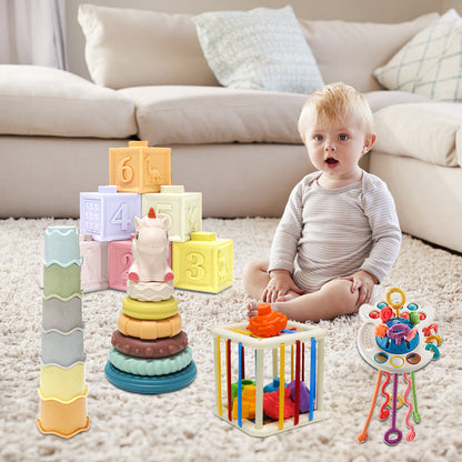 5-In-1 Baby Toy Collection - Soft Rubber Chew Toys, Cartoon Octopus Pull Toy, Stacking Toys, Ideal for Gifts for Babies Aged 6-18 Months, Christmas Gifts for Soothing Babies