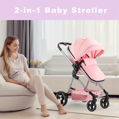 Baby Stroller Foldable Infant Newborn Stroller 2-in-1 Rear-Facing Pram Toddler Stroller With Reversible Seat Large Storage All-Scene Large Wheels