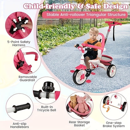 Tricycle, 5 In 1 Baby Stroller Trike W/Adjustable Push Handle & Canopy, Storage Basket, Detachable Guardrail, Safety Harness, Kids Tricycle For Toddlers halloween, christmas gift