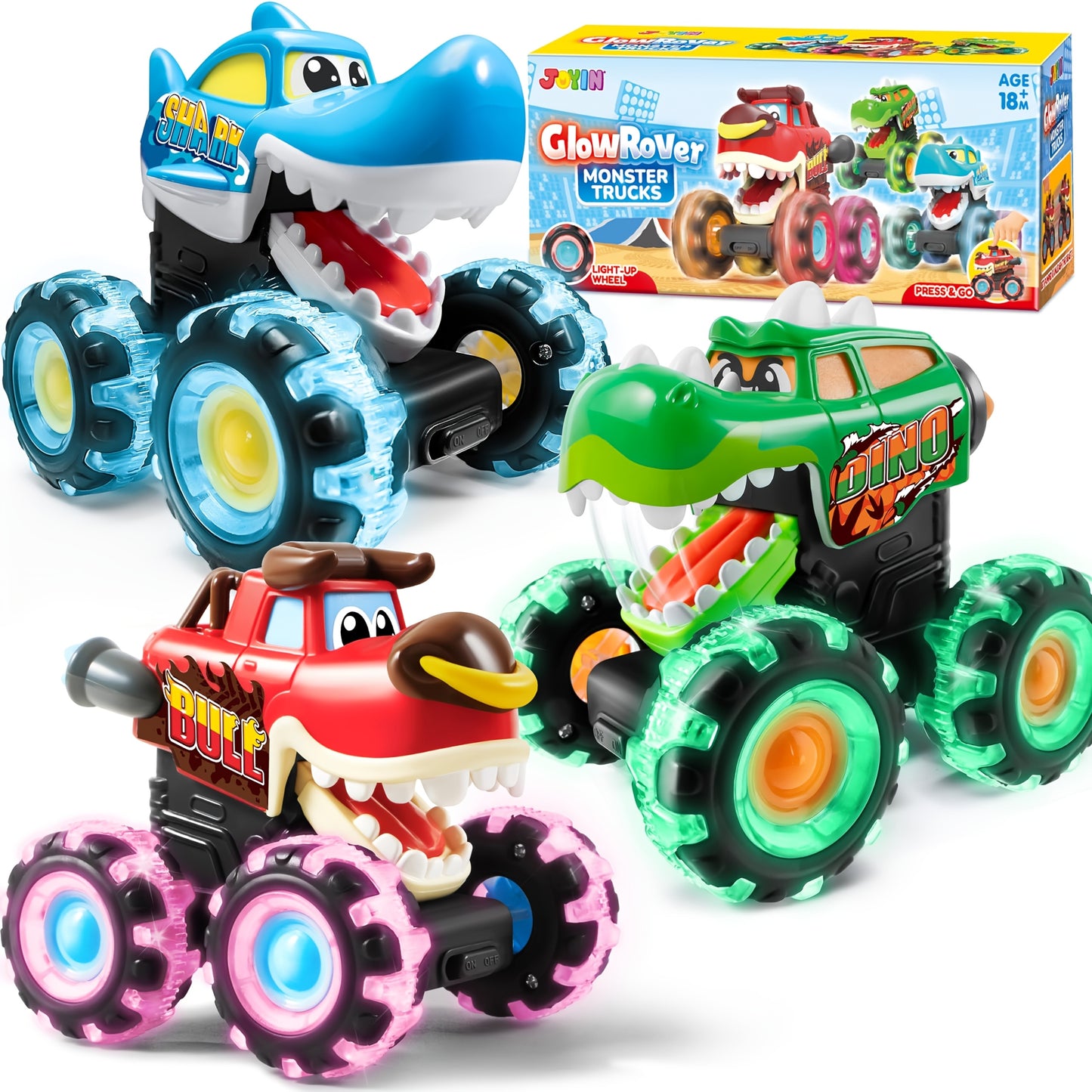 [3 Pack Monster Truck] 3 Pack Monster Truck Toy | Motion Activated Light-Up Cars For Toddlers - Monster Treads Lightning Wheels | Baby Toy Present - Press & Go Cars For Boys Girls Birthday Gifts Easter Basket Stuffer