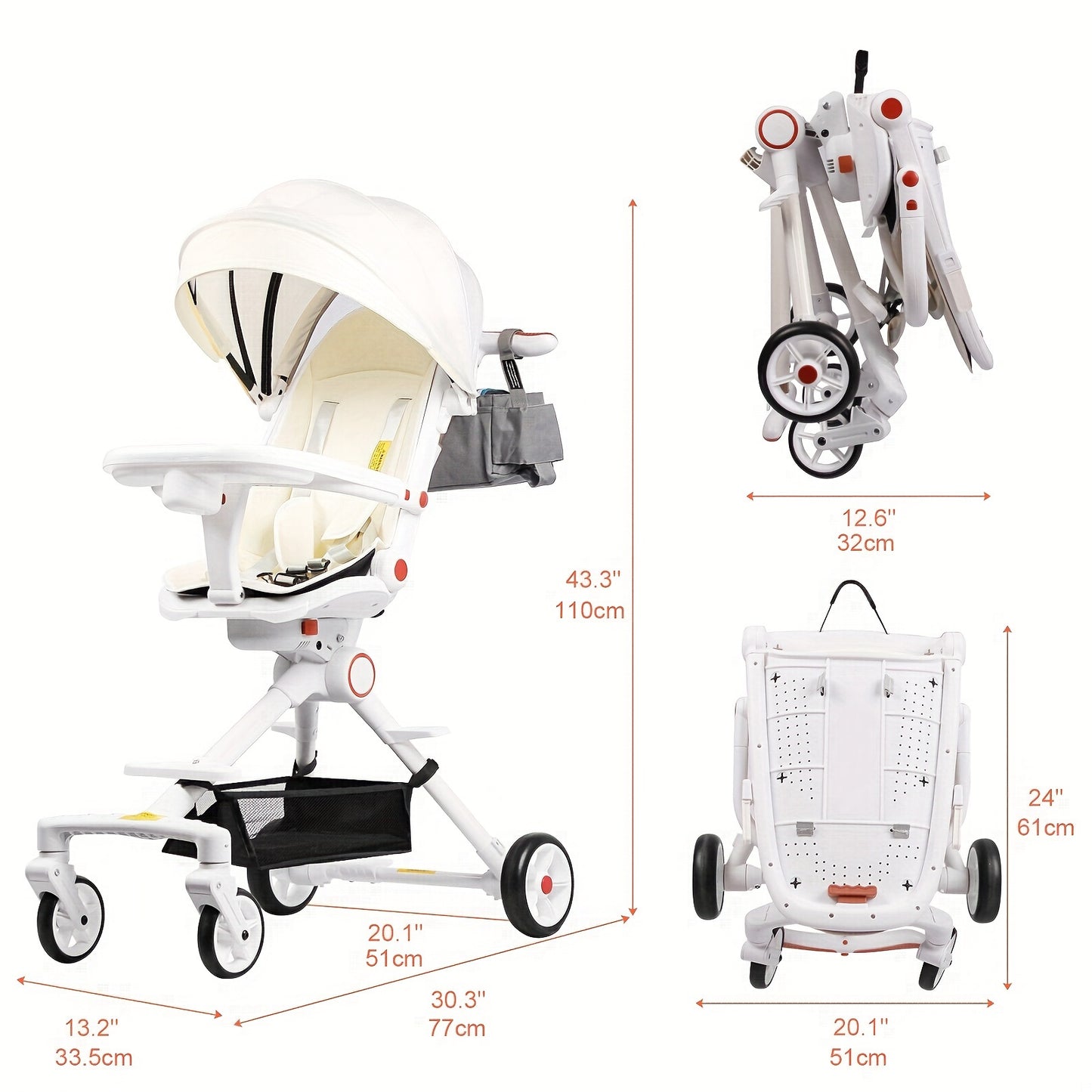 Compact Baby Stroller Lightweight Travel Stroller For Babies & Toddlers Swivel Seat With Multifunctional Handbag & Shade & Oversize Basket Foldable Stroller, As Halloween, Christmas Gift White
