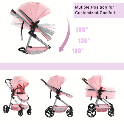 Baby Stroller Foldable Infant Newborn Stroller 2-in-1 Rear-Facing Pram Toddler Stroller With Reversible Seat Large Storage All-Scene Large Wheels