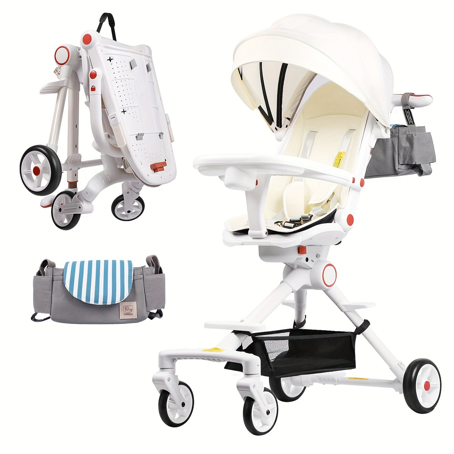 Compact Baby Stroller Lightweight Travel Stroller For Babies & Toddlers Swivel Seat With Multifunctional Handbag & Shade & Oversize Basket Foldable Stroller, As Halloween, Christmas Gift White