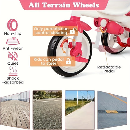 Tricycle, 5 In 1 Baby Stroller Trike W/Adjustable Push Handle & Canopy, Storage Basket, Detachable Guardrail, Safety Harness, Kids Tricycle For Toddlers halloween, christmas gift