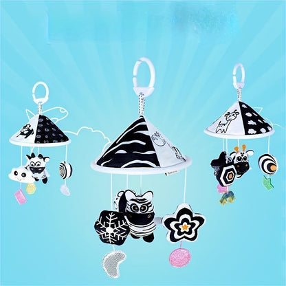 Black And White Baby Toy Car Hanging Baby Trolley Hanging Umbrella Wind Chime Early Education Toys Crib Bell Stroller Baby Hanging Umbrella Bed Bell Pendant Black And White Animal Wind Chime Bed Hanging Baby Safety Seat Rattl