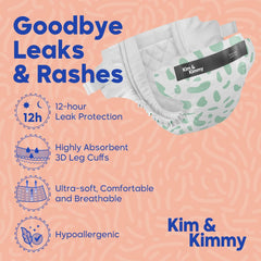 Kim & Kimmy Eco Diapers, Size 5, 12-17 kg, 44 Diapers - 12 Hour Leak Protection, No Rashes, Hypoallergenic, Ultra-Soft & Highly Absorbent - Cruelty Free & Vegan - Green Dalmatian