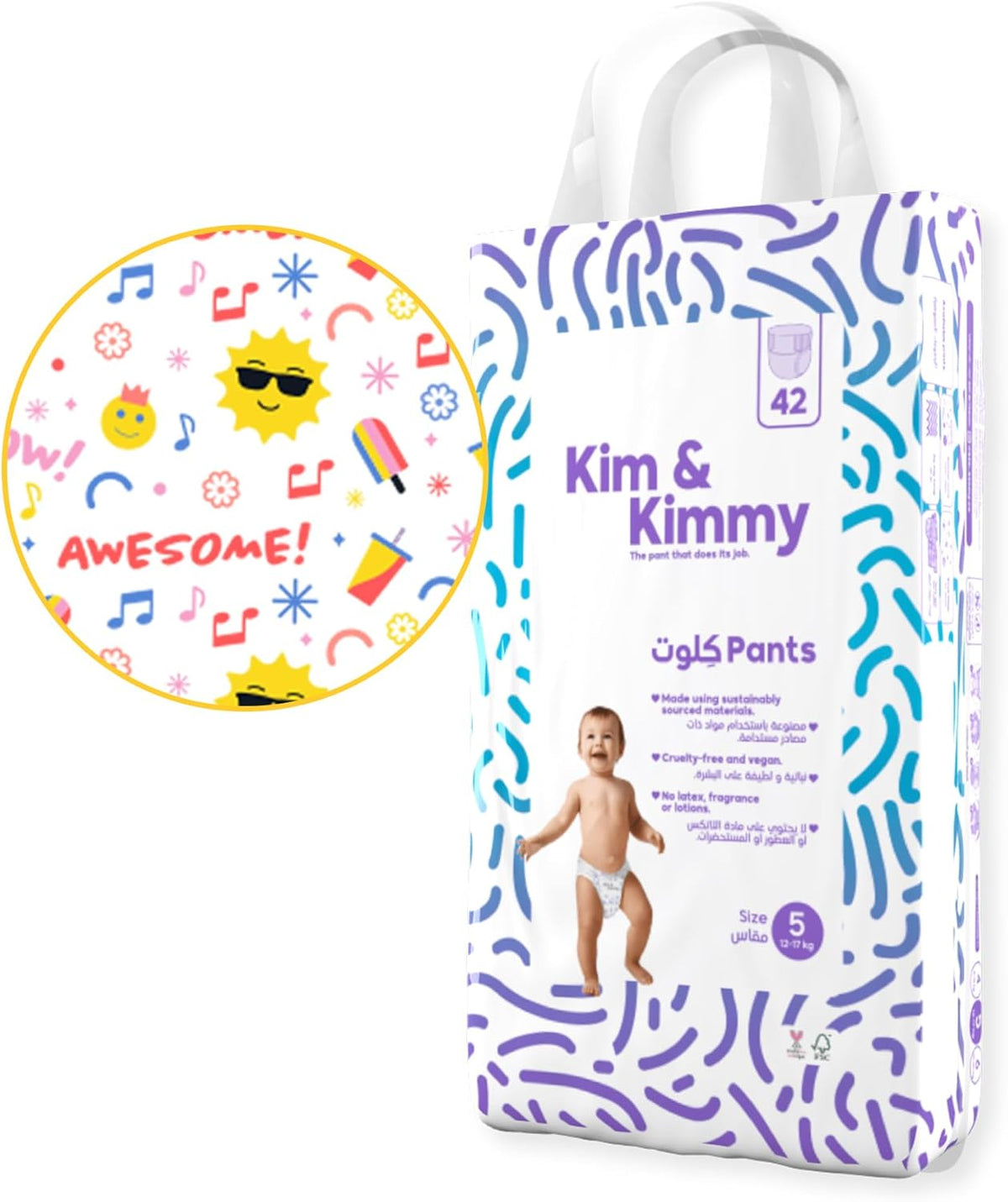 Kim & Kimmy Eco Diaper Pants, Size 5, 12-17 kg, 42 Pants - 12 Hour Leak Protection, No Rashes, Hypoallergenic, Ultra-Soft & Highly Absorbent - Cruelty Free & Vegan - Summer Icons