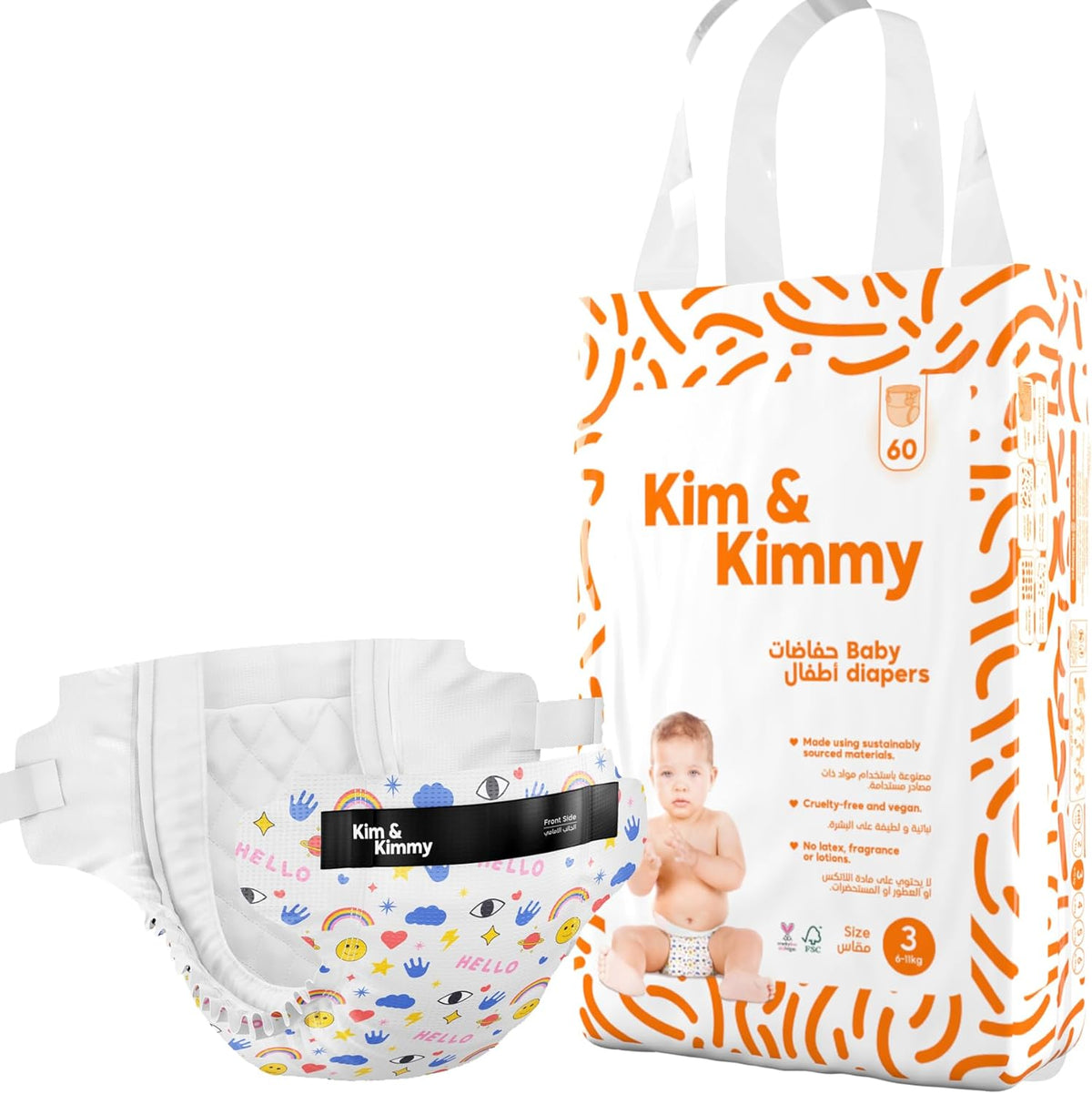 Kim & Kimmy Eco Diapers, Size 3, 6-11 kg, 60 Diapers - 12 Hour Leak Protection, No Rashes, Hypoallergenic, Ultra-Soft & Highly Absorbent - Cruelty Free & Vegan - Funny Icons