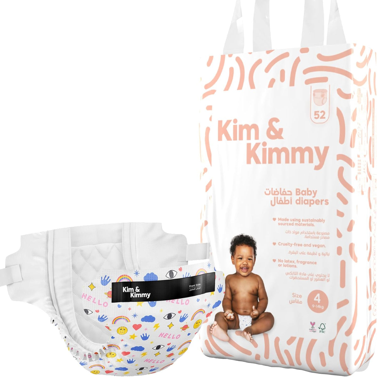 Kim & Kimmy Eco Diapers, Size 4, 9-14 kg, 52 Diapers - 12 Hour Leak Protection, No Rashes, Hypoallergenic, Ultra-Soft & Highly Absorbent - Cruelty Free & Vegan - Funny Icons