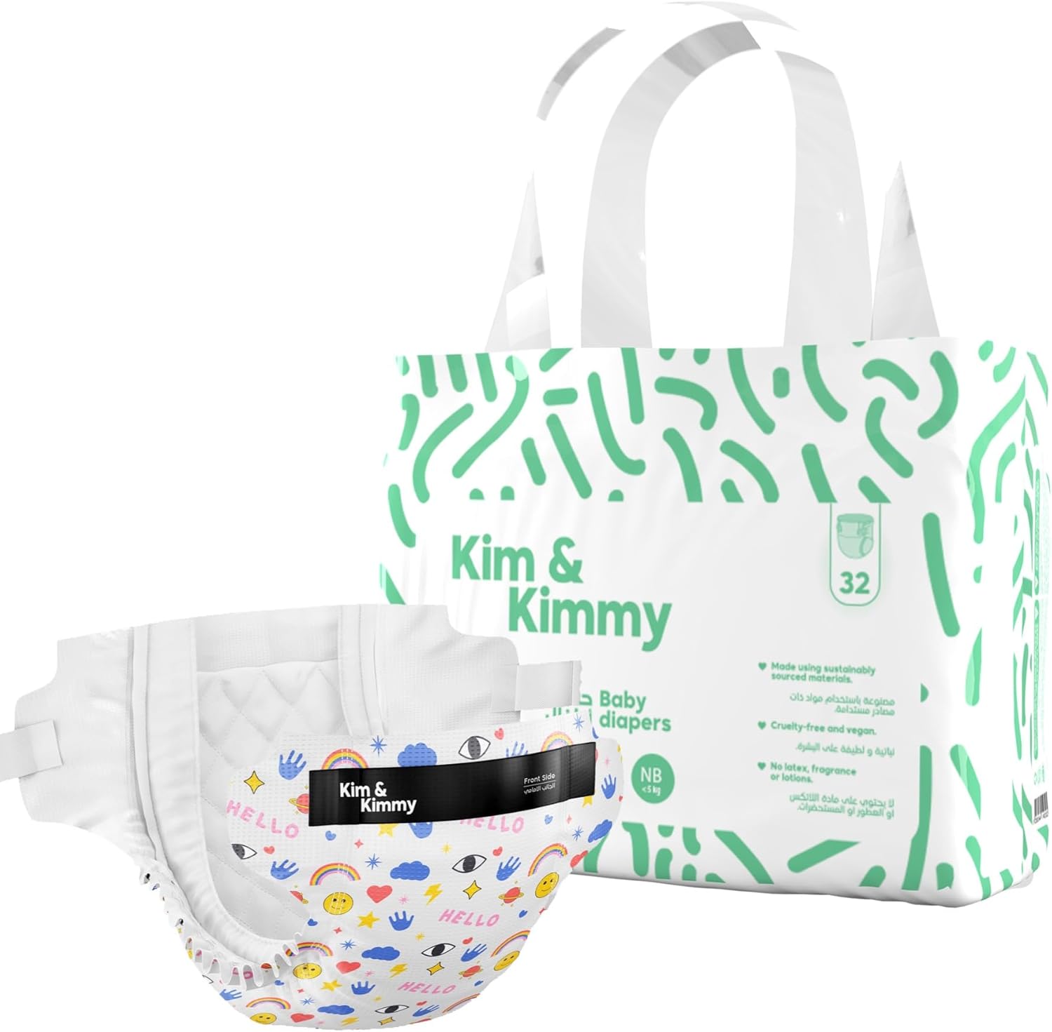 Kim & Kimmy Eco Diapers, New Born, Up to 5 kg, 32 Diapers - 12 Hour Leak Protection, No Rashes, Hypoallergenic - Cruelty Free & Vegan - Funny Icons