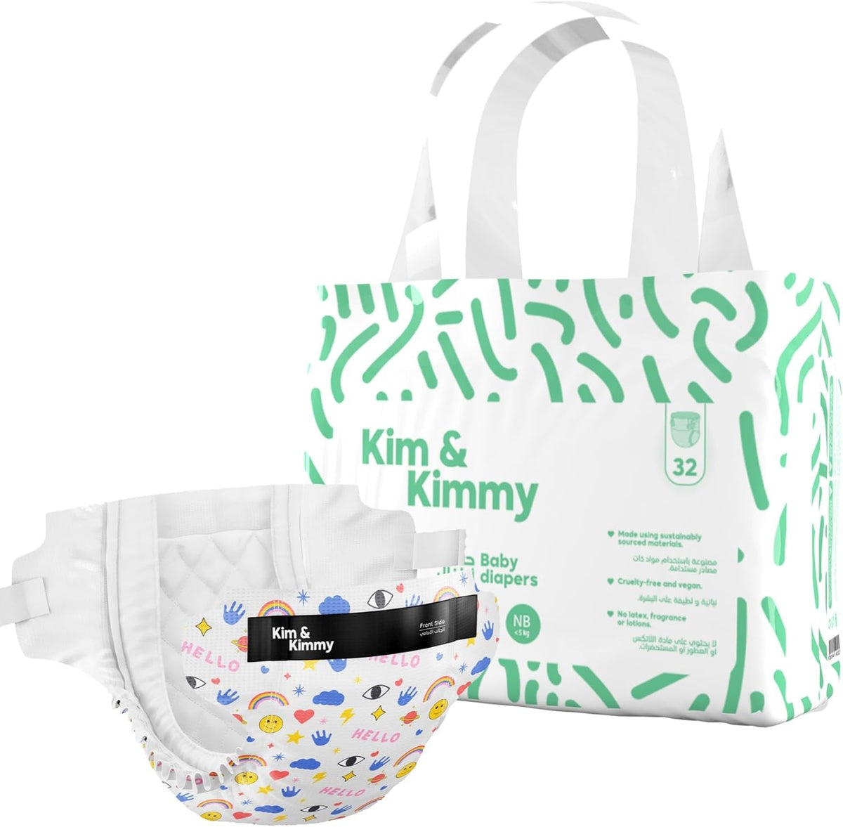 Kim & Kimmy Eco Diapers, New Born, Up to 5 kg, 32 Diapers - 12 Hour Leak Protection, No Rashes, Hypoallergenic - Cruelty Free & Vegan - Funny Icons
