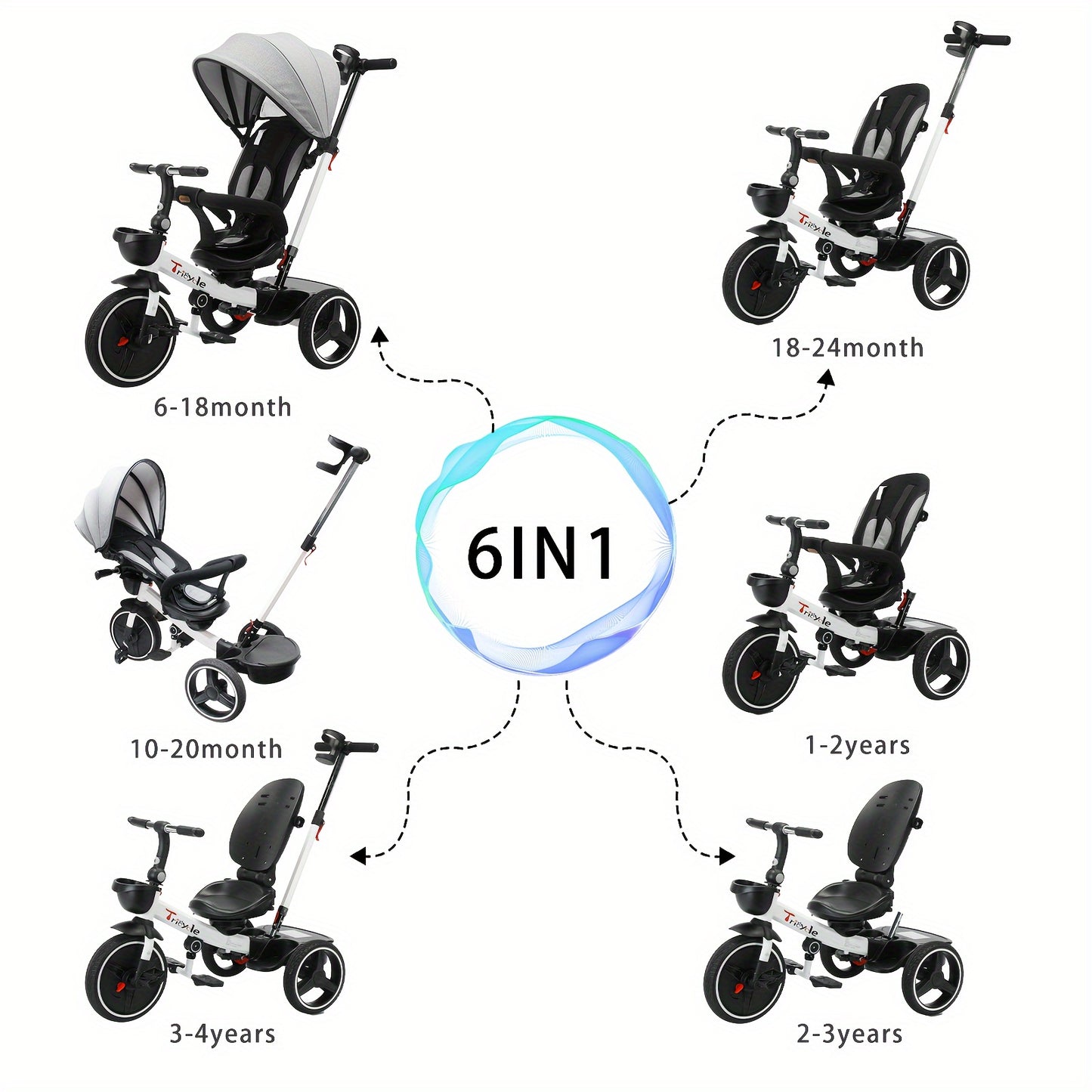 Ubravoo Baby Stroller Tricycle Ride Bike, 360 Degree Rotation Sitting & Lying, Celerity Disassembly & Assembly, 1-5 Years