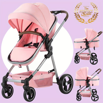Baby Stroller Foldable Infant Newborn Stroller 2-in-1 Rear-Facing Pram Toddler Stroller With Reversible Seat Large Storage All-Scene Large Wheels