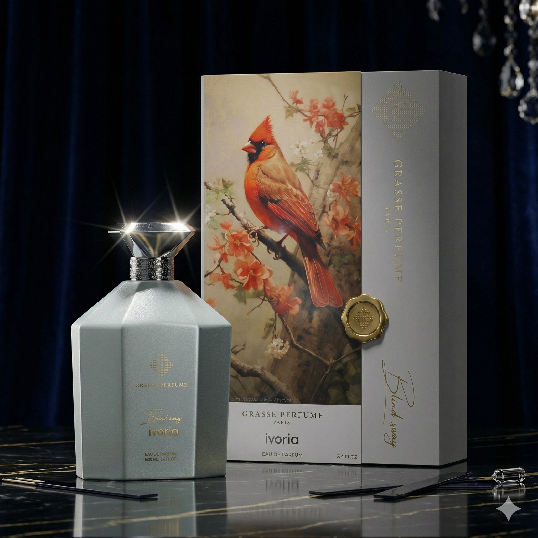 Blind sway Ivoria - Grasse Perfumes 100Ml luxurious silver geometric bottle and artistic box with red cardinal bird