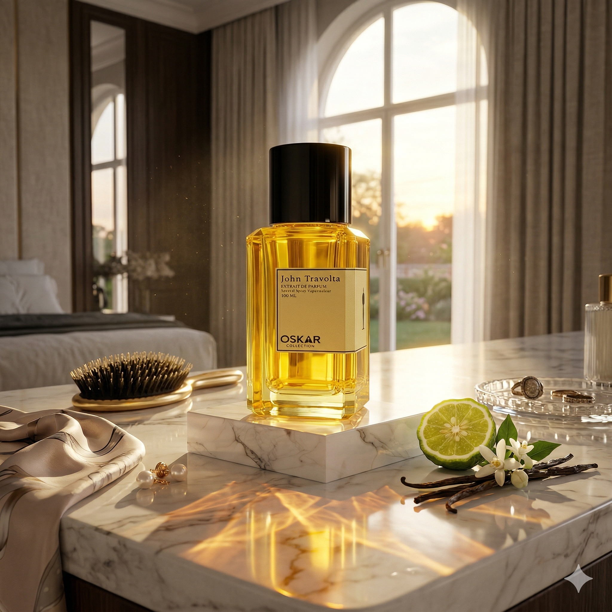 Yellow Oskar Collection John Travolta Extrait De Parfum 100ml striking yellow glass bottle inspired by Madawi