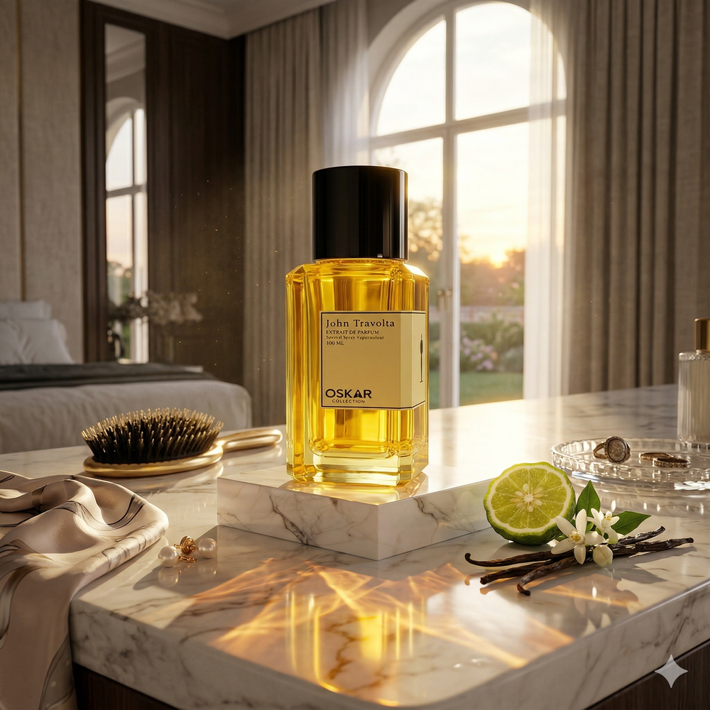 Yellow Oskar Collection John Travolta Extrait De Parfum 100ml striking yellow glass bottle inspired by Madawi