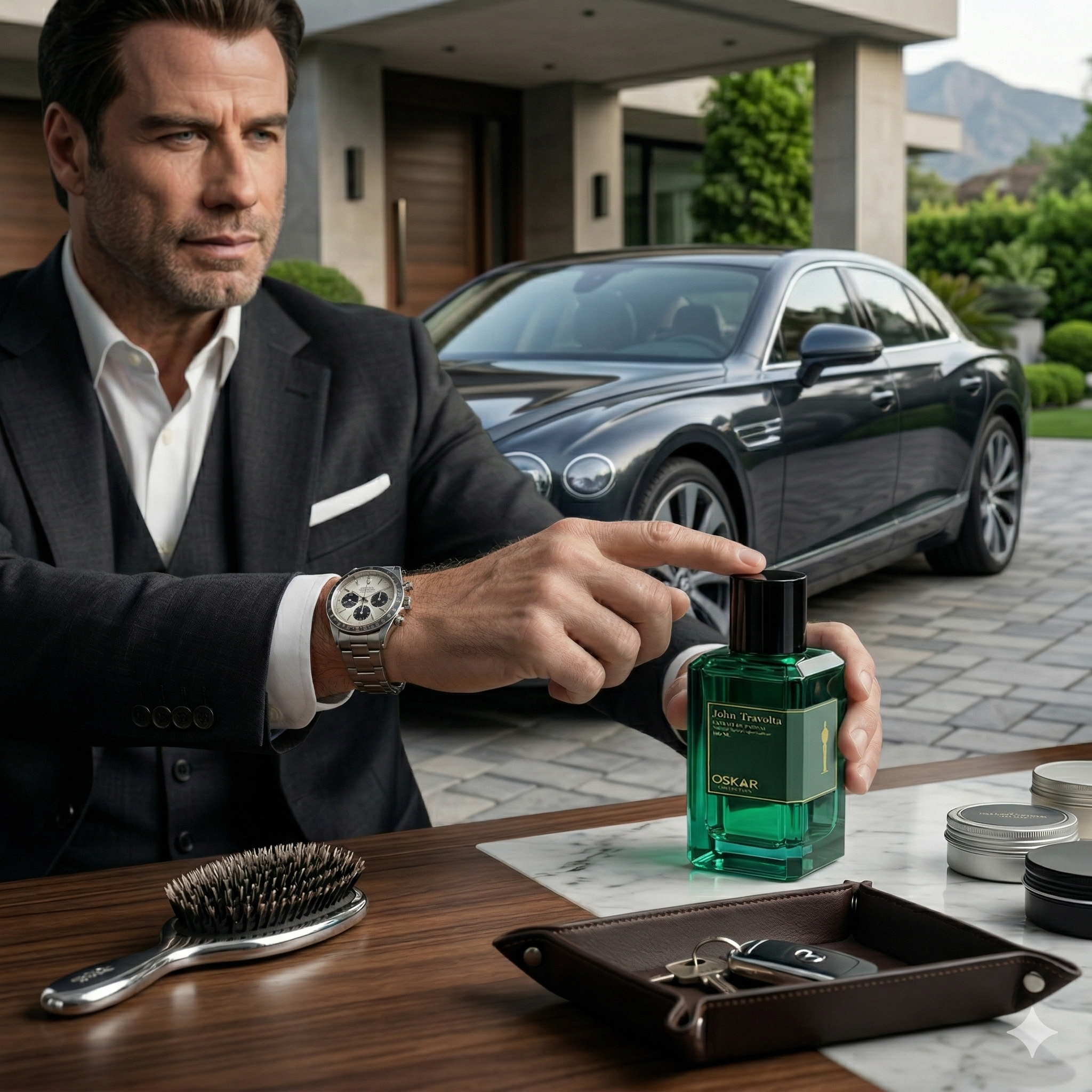 Green Oskar Collection John Travolta Extrait De Parfum 100ml striking green glass bottle inspired by Meydan