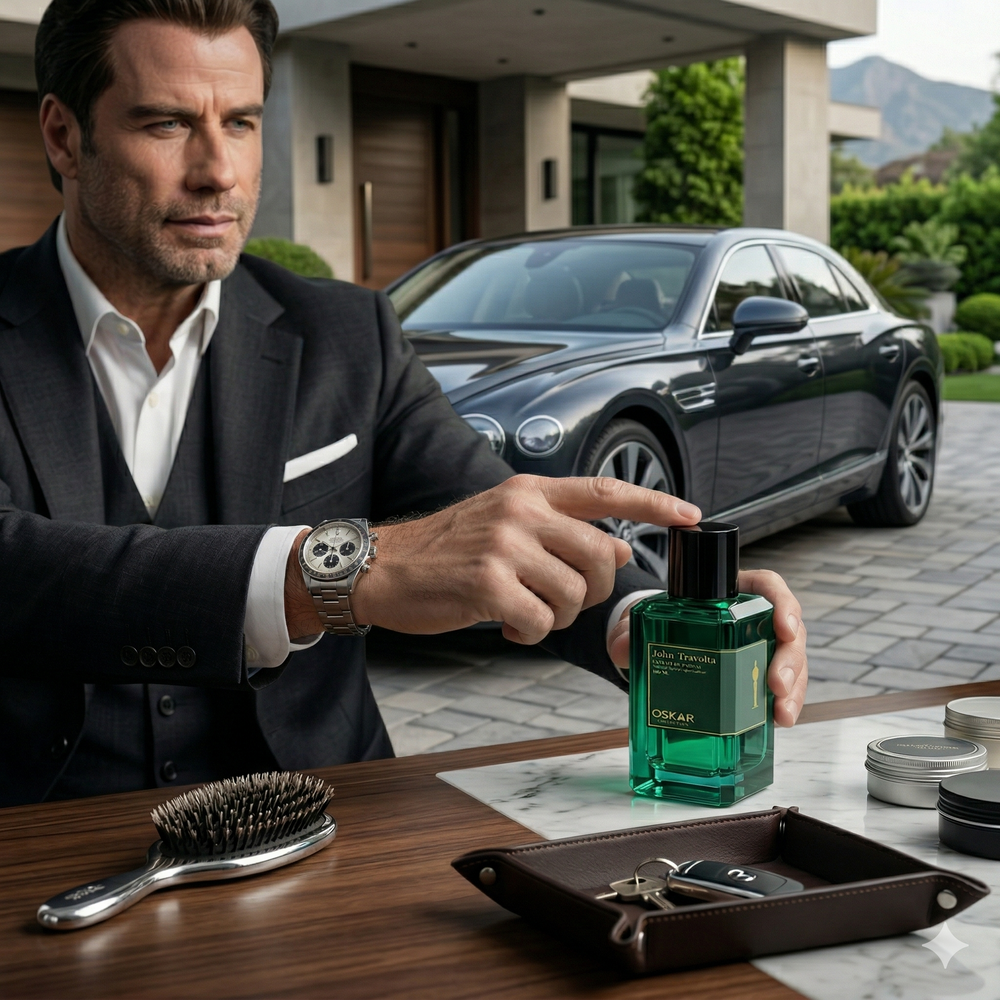 Green Oskar Collection John Travolta Extrait De Parfum 100ml striking green glass bottle inspired by Meydan
