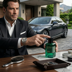 Green Oskar Collection John Travolta Extrait De Parfum 100ml striking green glass bottle inspired by Meydan