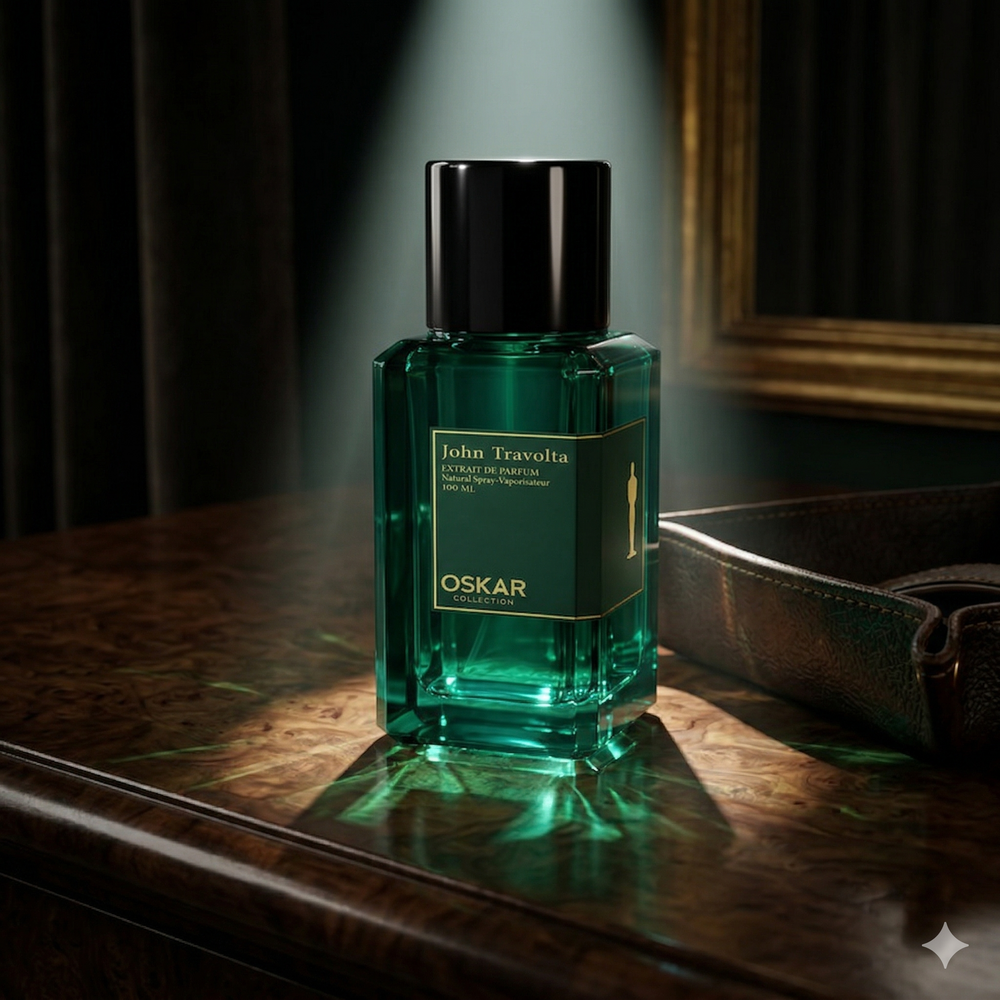 Green Oskar Collection John Travolta Extrait De Parfum 100ml striking green glass bottle inspired by Meydan