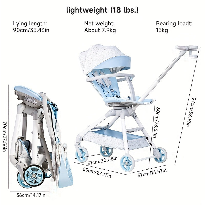 Travel Stroller, Compact Stroller, 360°Reversible Seat Lightweight Baby Stroller, Airplane Compatible, Full Recline Ergonomic Backrest, Adjustable Backrest, Load Up To 50lbs For Toddlers-Blue