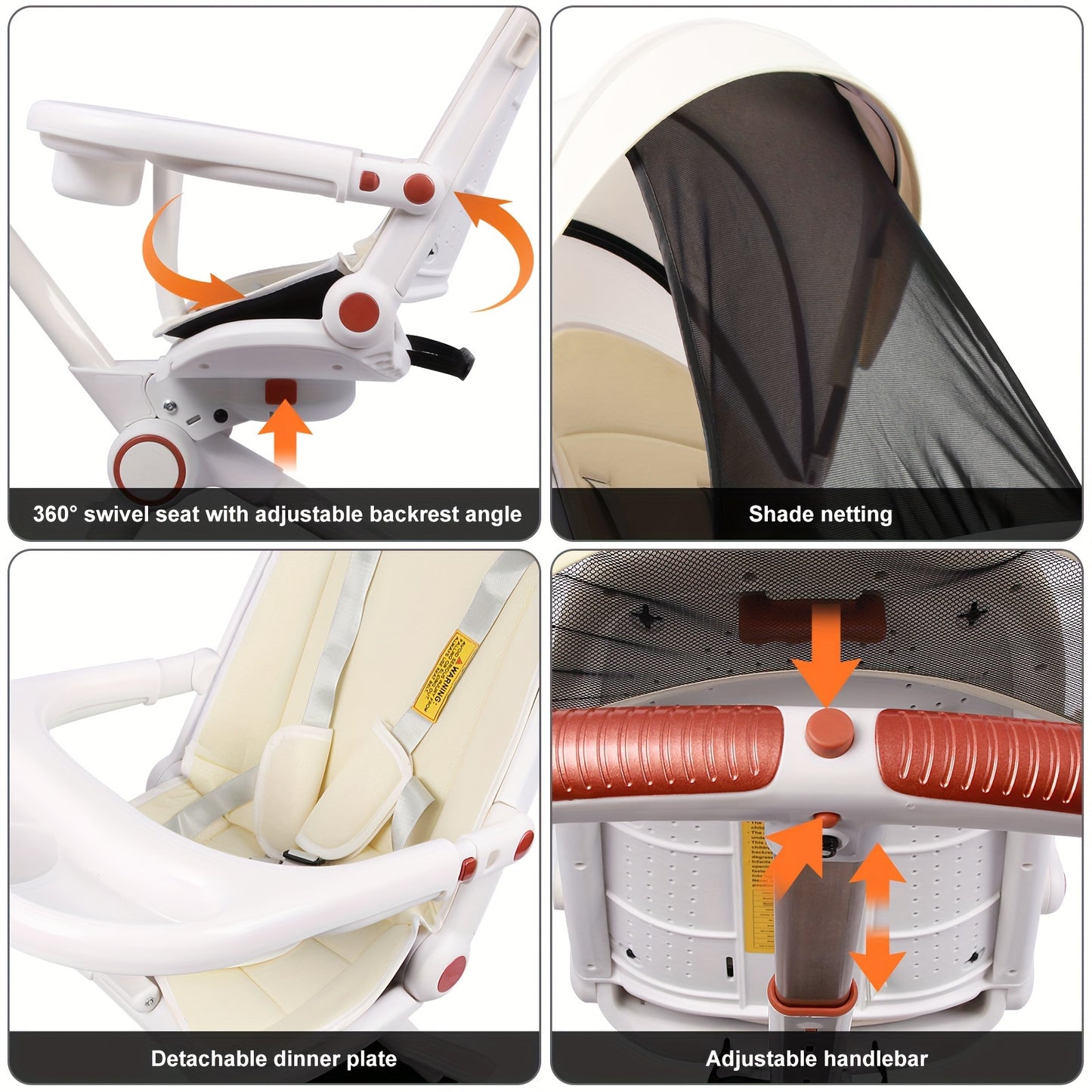 Compact Baby Stroller Lightweight Travel Stroller For Babies & Toddlers Swivel Seat With Multifunctional Handbag & Shade & Oversize Basket Foldable Stroller, As Halloween, Christmas Gift White