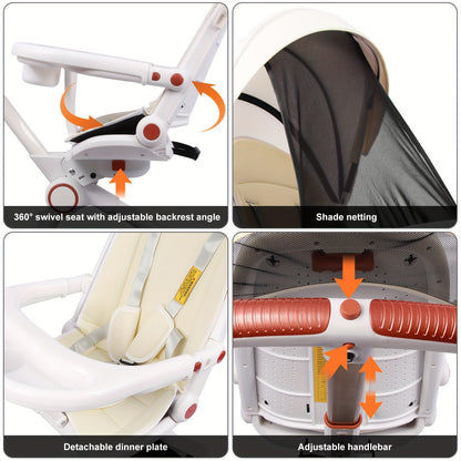 Compact Baby Stroller Lightweight Travel Stroller For Babies & Toddlers Swivel Seat With Multifunctional Handbag & Shade & Oversize Basket Foldable Stroller, As Halloween, Christmas Gift White