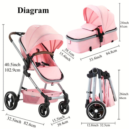 Baby Stroller Foldable Infant Newborn Stroller 2-in-1 Rear-Facing Pram Toddler Stroller With Reversible Seat Large Storage All-Scene Large Wheels