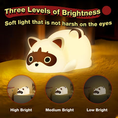Cute Raccoon Night Light Rechargeable Touch LED Bedside Lamp, Dimmable Table Lamp for Bedroom, Wall & Desk Decor, Kawaii Baby Toy, Aesthetic Gift for Women