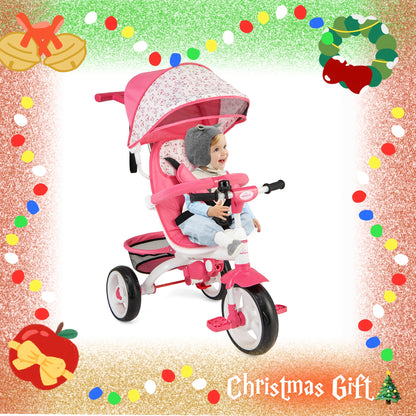 Tricycle, 5 In 1 Baby Stroller Trike W/Adjustable Push Handle & Canopy, Storage Basket, Detachable Guardrail, Safety Harness, Kids Tricycle For Toddlers halloween, christmas gift