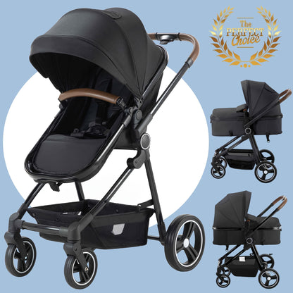 Baby Stroller Foldable Infant Newborn Stroller 2-in-1 Rear-Facing Pram Toddler Stroller With Reversible Seat Large Storage All-Scene Large Wheels