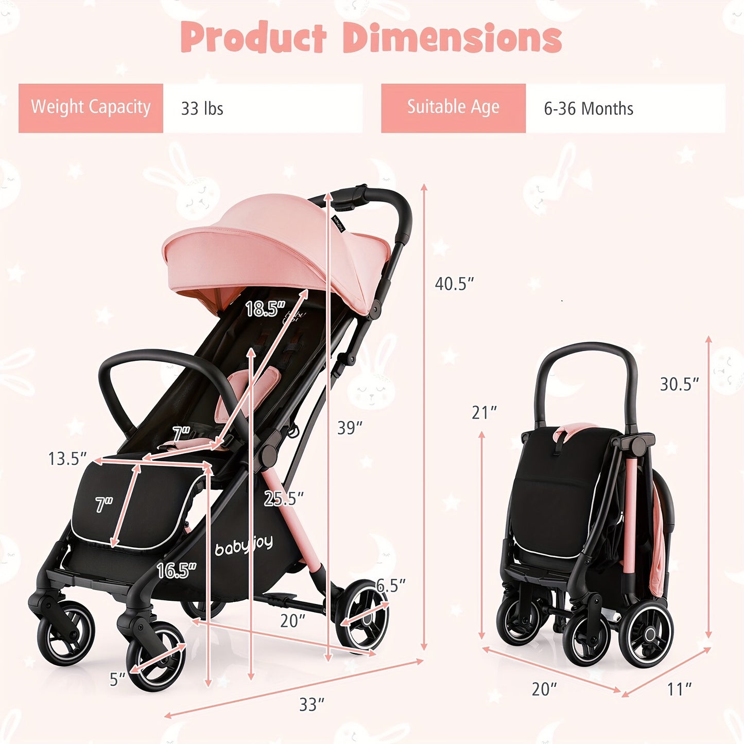 Gymax Portable Baby Stroller One-Hand Fold Pushchair W/ Aluminum Frame Pink As Halloween, Christmas Gift