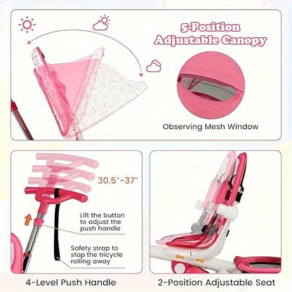 Tricycle, 5 In 1 Baby Stroller Trike W/Adjustable Push Handle & Canopy, Storage Basket, Detachable Guardrail, Safety Harness, Kids Tricycle For Toddlers halloween, christmas gift