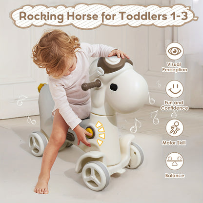 4-in-1 Rocking Horse Toy for Toddlers 1- (1+ Years) - Convertible Balance Bike, Ride-On Horse with Detachable Balance Board & Footrest, Push Handle & Guard Rails - Sturdy Construction, Smooth-Rolling Wheels - Ideal Birthday G