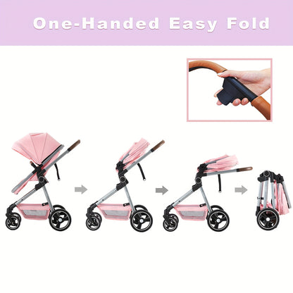 Baby Stroller Foldable Infant Newborn Stroller 2-in-1 Rear-Facing Pram Toddler Stroller With Reversible Seat Large Storage All-Scene Large Wheels