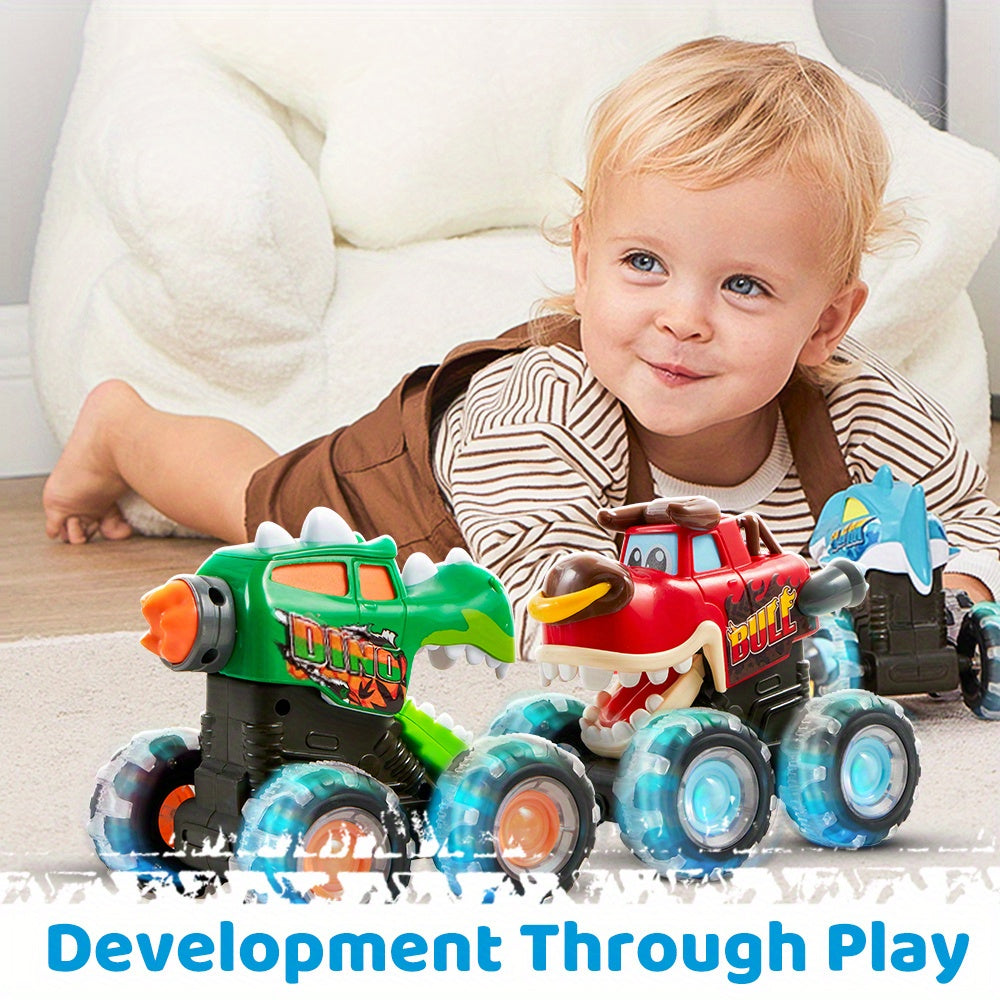 [3 Pack Monster Truck] 3 Pack Monster Truck Toy | Motion Activated Light-Up Cars For Toddlers - Monster Treads Lightning Wheels | Baby Toy Present - Press & Go Cars For Boys Girls Birthday Gifts Easter Basket Stuffer