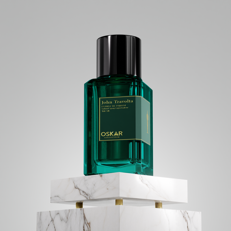 Green Oskar Collection John Travolta Extrait De Parfum 100ml striking green glass bottle inspired by Meydan